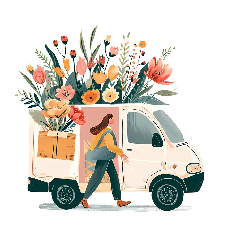 White Truck with Colorful Flowers and Woman