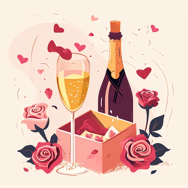 Champagne with Roses and Gift Box