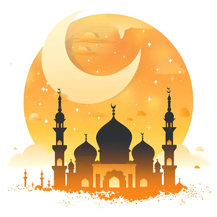 Mosque Silhouette at Sunset with Crescent Moon