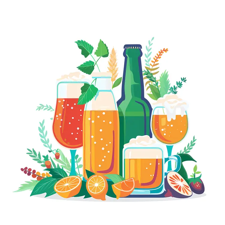 Colorful Beer Glasses and Bottles with Fruits and Hops