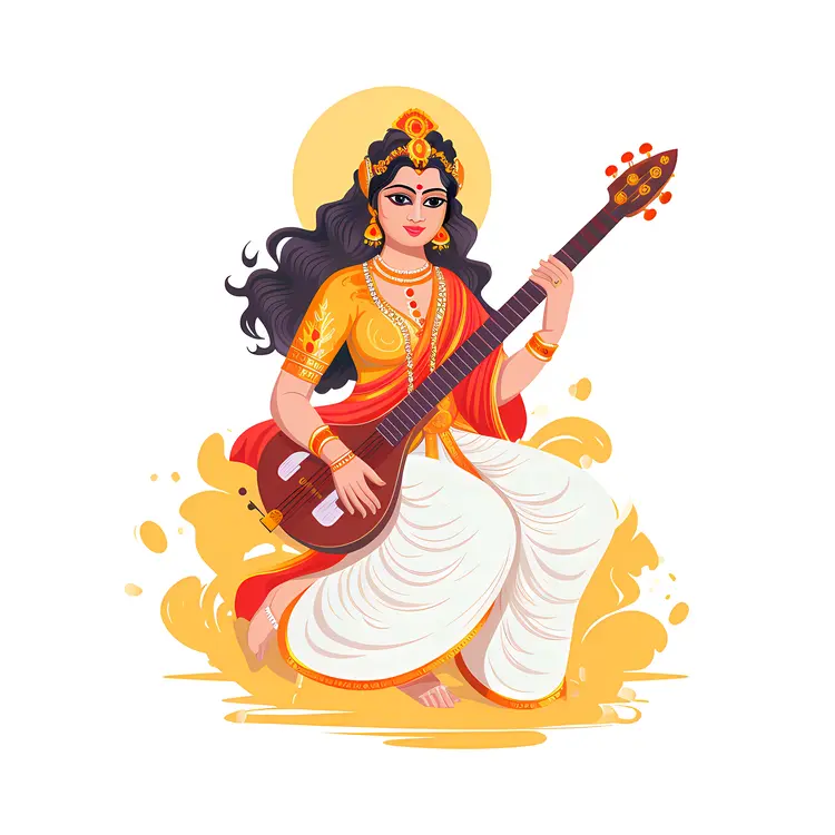 Divine Goddess Playing Veena with Yellow and White Attire