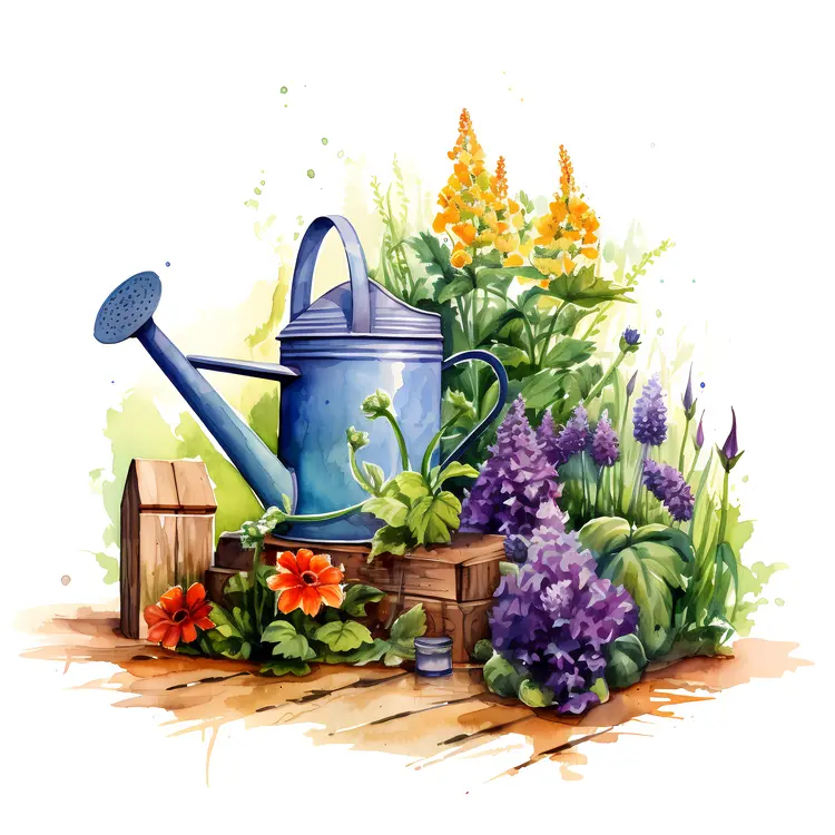 Watering Can with Flowers and Wooden Box