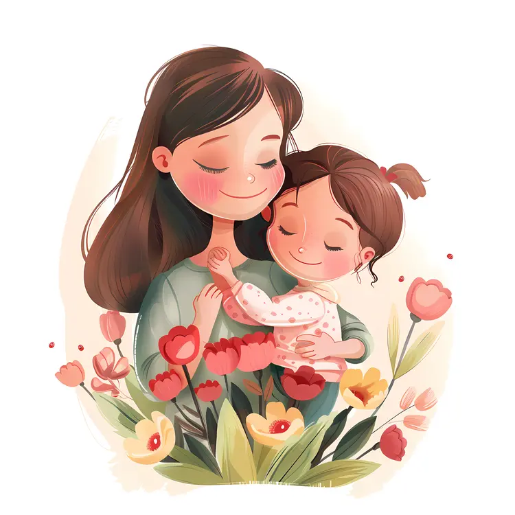 Cute Illustration of Mother and Child with Flowers