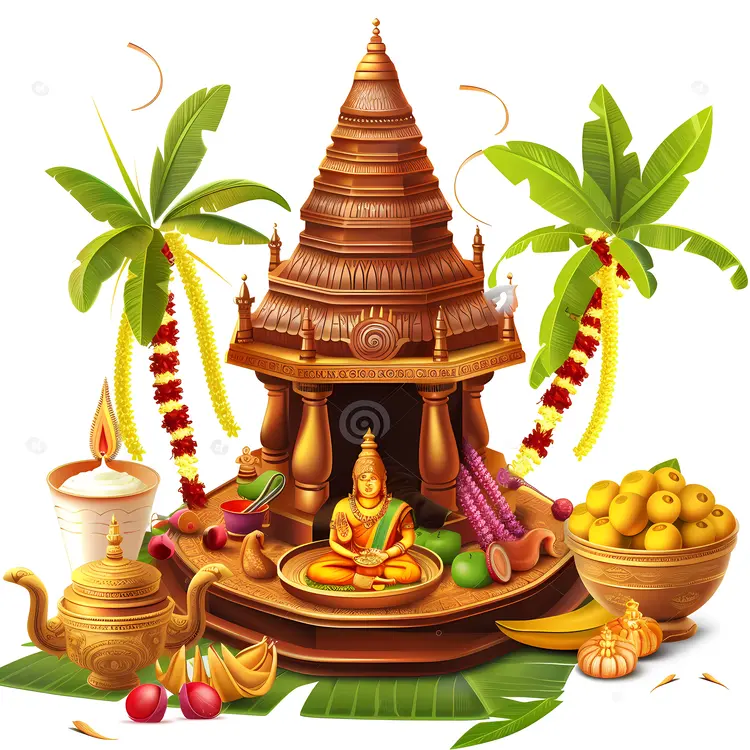 Temple with Offerings and Palm Trees