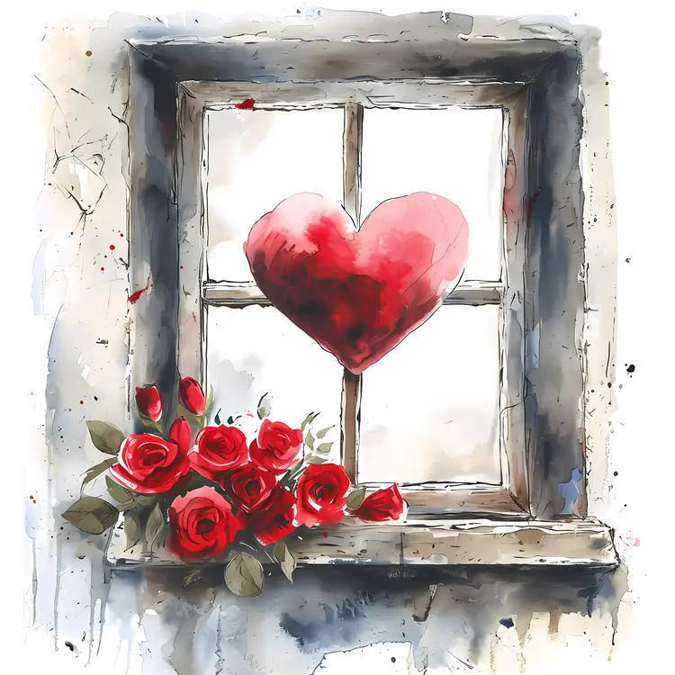 Watercolor Window with Red Heart and Roses