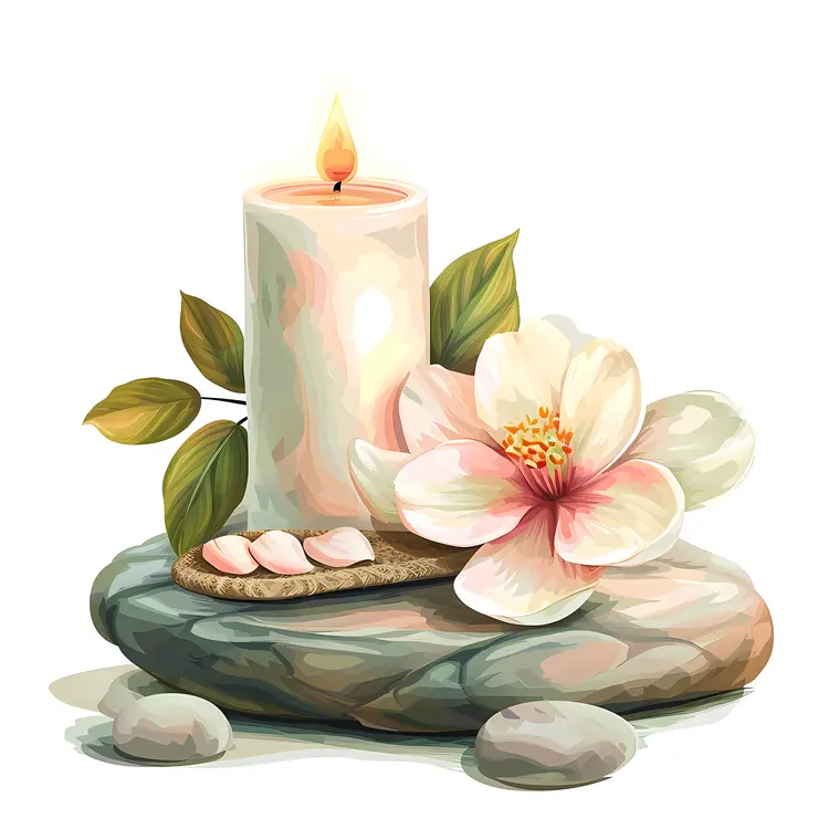 White Candle with Flowers and Stones