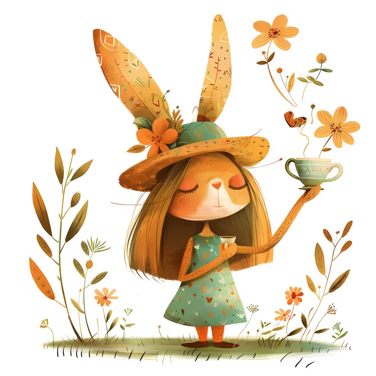 Cute Bunny with Tea Cup and Flowers