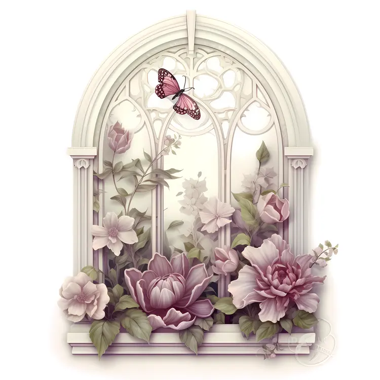 Butterfly and Flowers in a Gothic Window with Pink Flowers