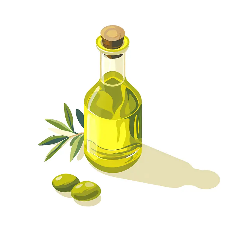 Olive Oil Bottle with Green Olives and Leaves