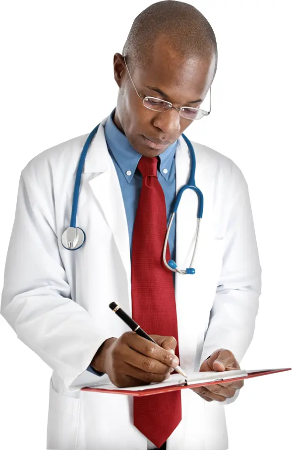 Doctor Writing on Clipboard in White Coat