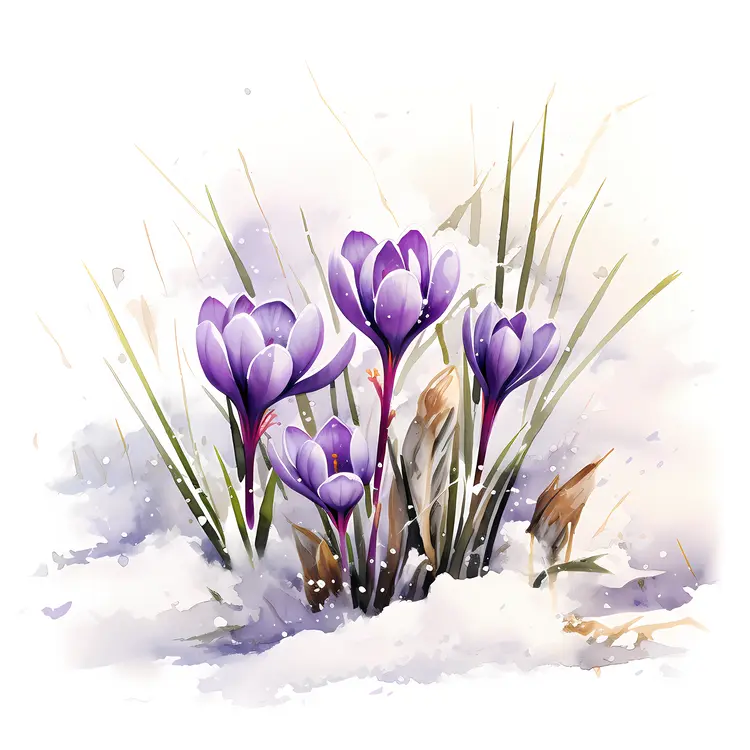 Purple Crocus Flowers in Snowy Nature
