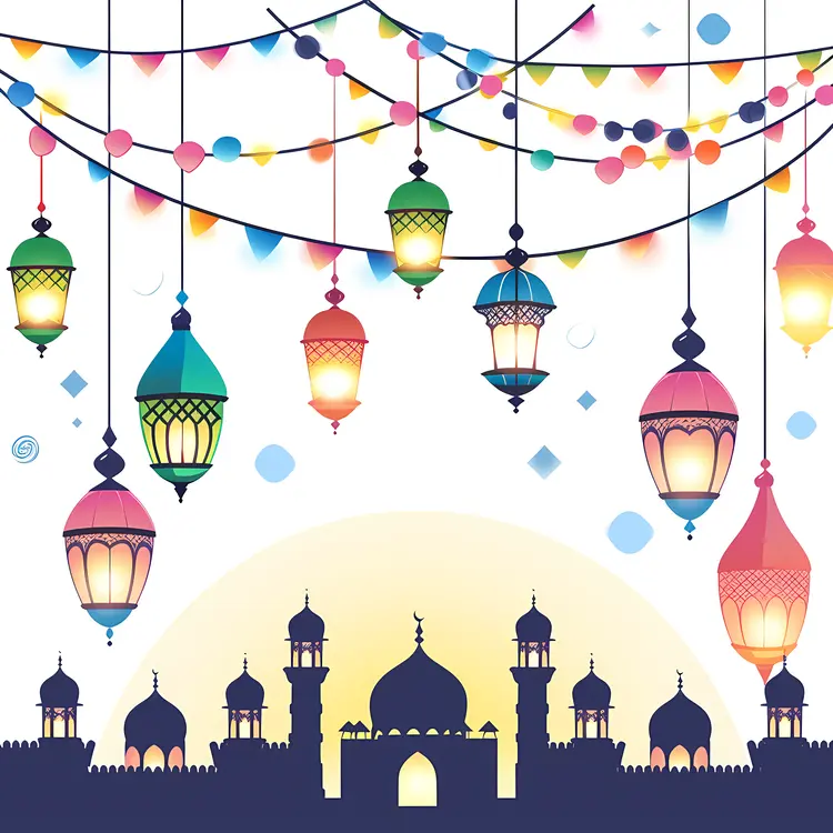 Colorful Lanterns and Mosque Silhouette for Ramadan