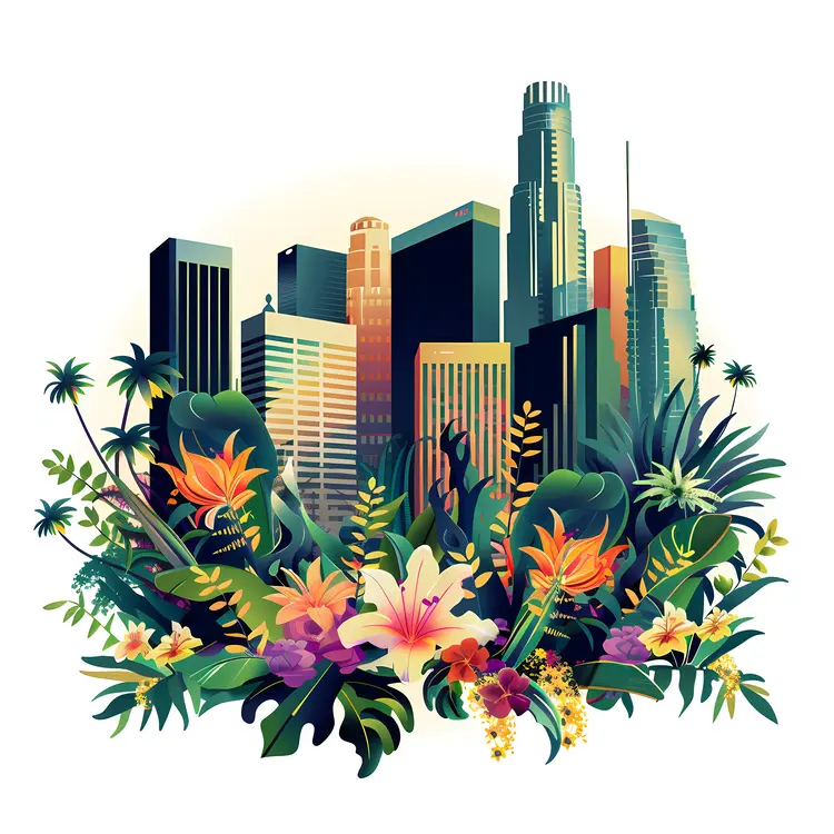 Floral Cityscape with Skyscrapers and Flowers