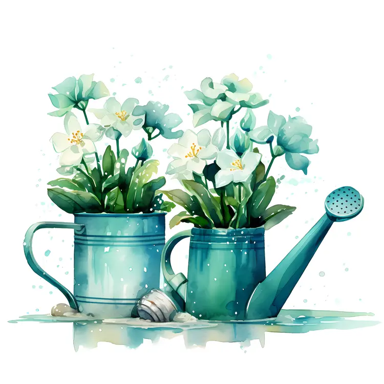 Watering Can with White Flowers