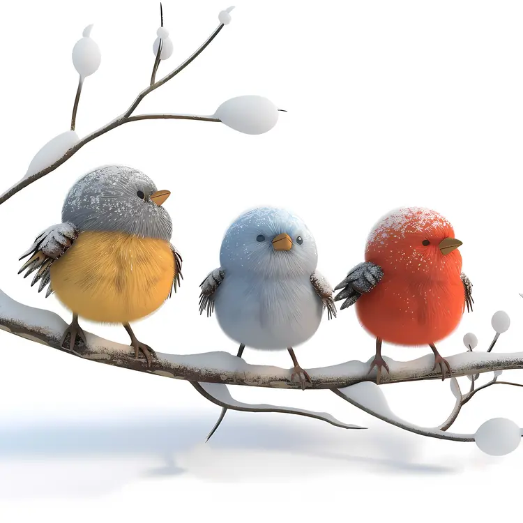Three Round Birds on a Snowy Branch
