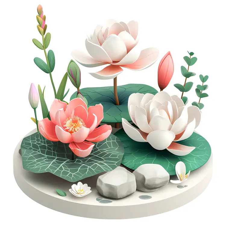 Pink and White Lotus Flowers on Lily Pads