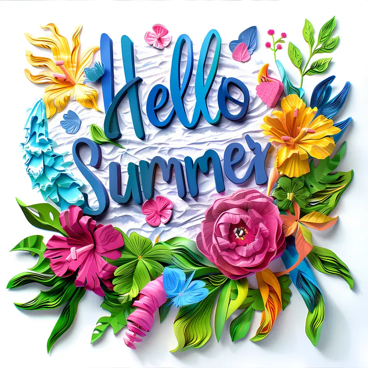 Hello Summer Poster with Colorful Flowers