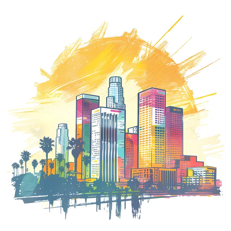 Vibrant Cityscape with Skyscrapers and Sunset