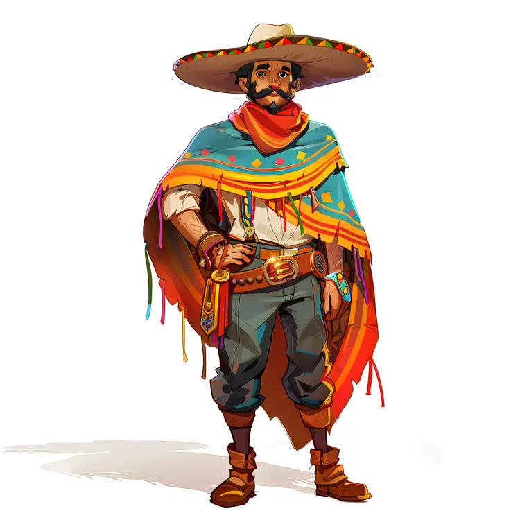 Cartoon Man in Sombrero and Colorful Poncho