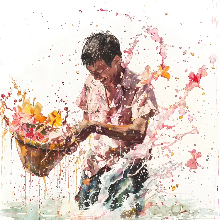 Joyful Boy with Flowers in Water