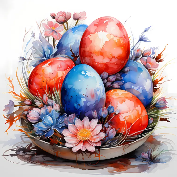 Colorful Painted Easter Eggs in a Basket with Flowers