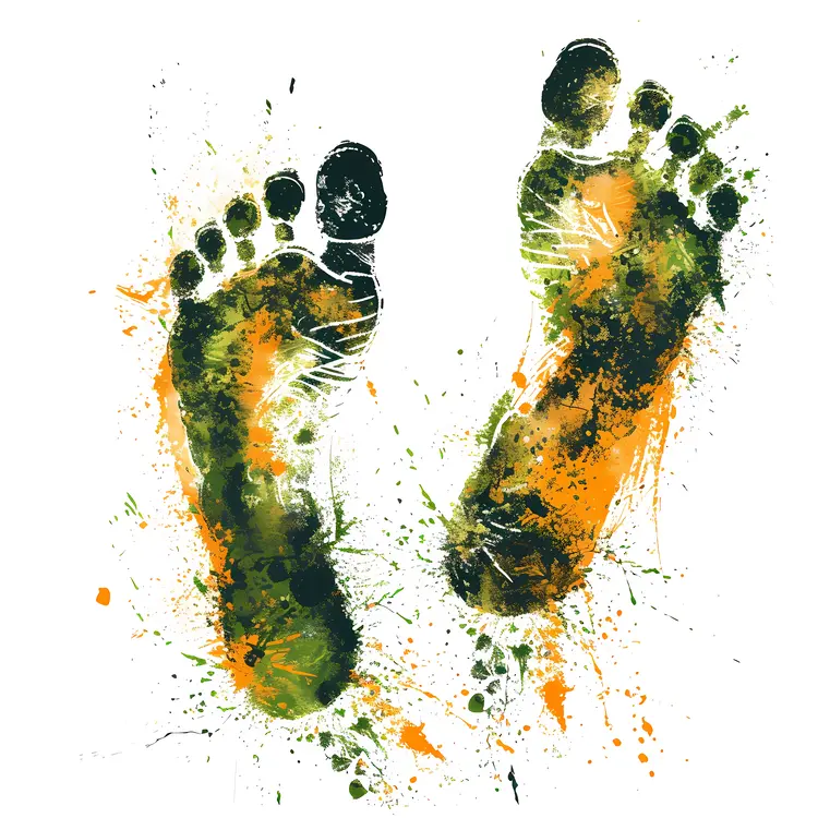 Splattered Footprints in Green and Orange