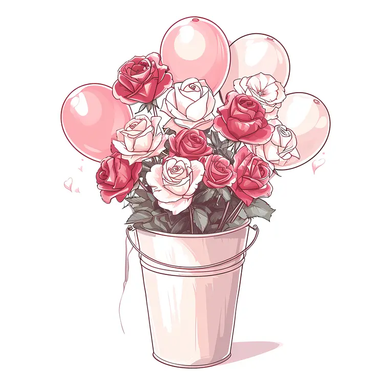 Pink and White Roses with Balloons in a Bucket