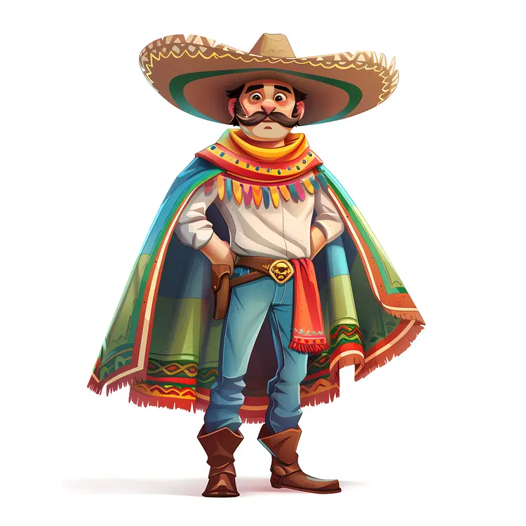 Cartoon Man in Sombrero with Colorful Poncho