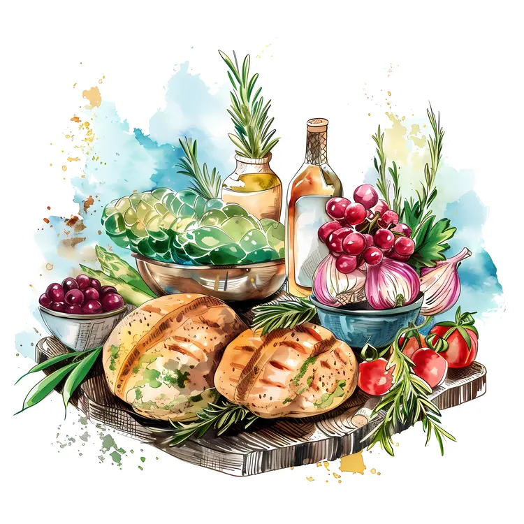 Colorful Food Arrangement with Bread and Vegetables