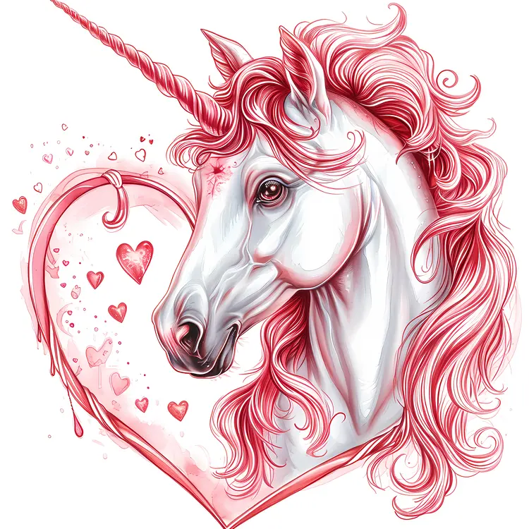 Unicorn with Red Mane and Hearts