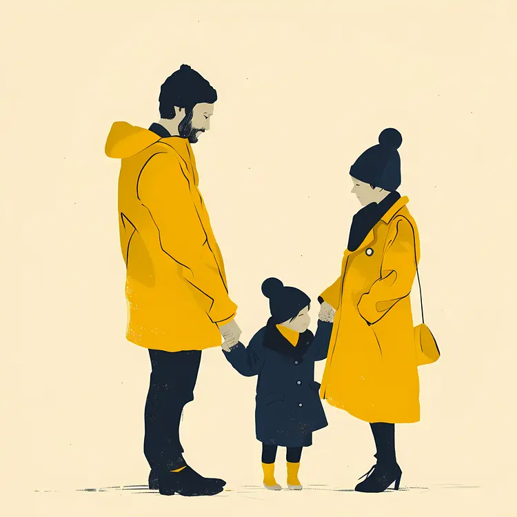 Family Illustration with Parents and Child in Yellow Coats