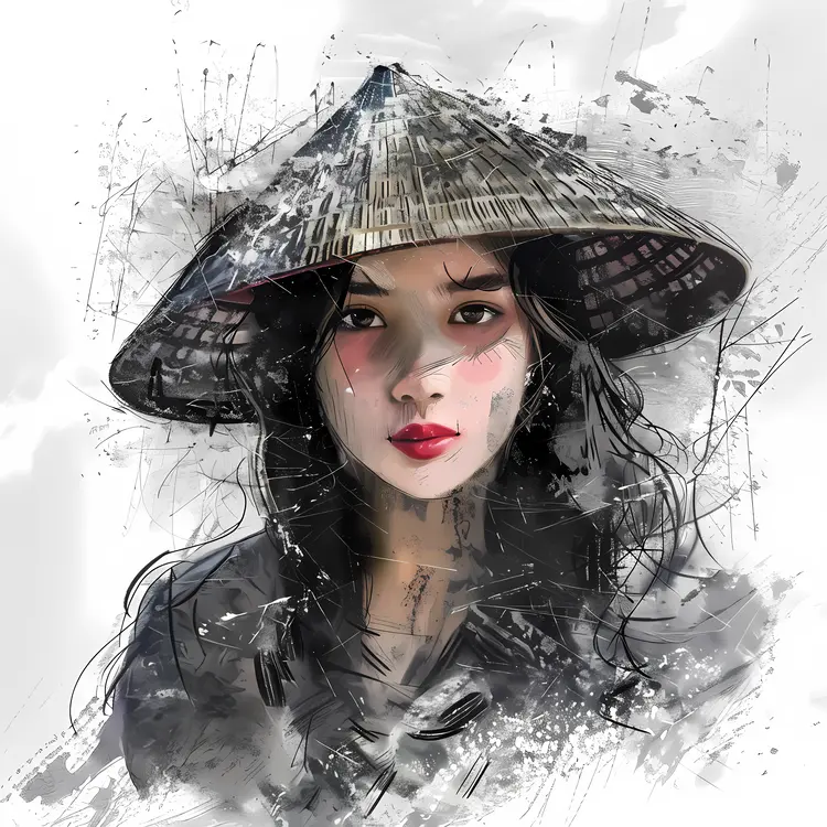Charming Woman in Conical Hat Illustration