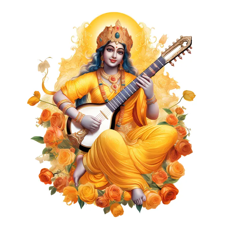 Goddess Playing Veena in Yellow Dress