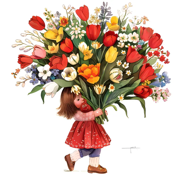 Girl Carrying a Large Bouquet of Flowers