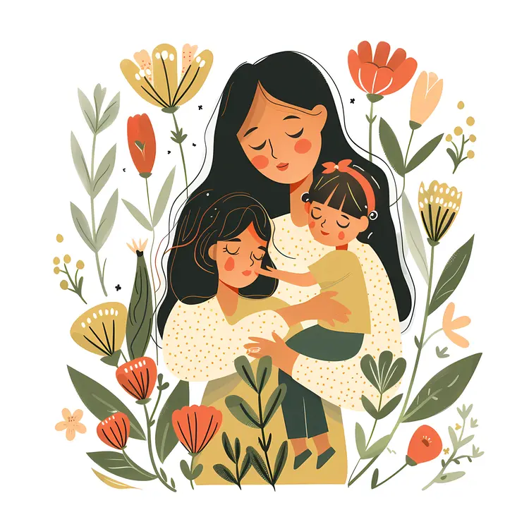 Mother Hugging Her Children in a Flower Garden