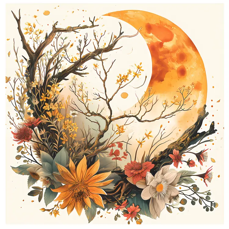 Tree with Flowers and Moon in a Night Scene