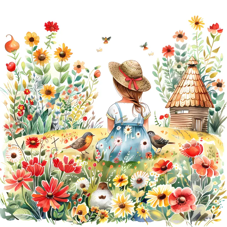 Girl in Garden with Flowers and Birds