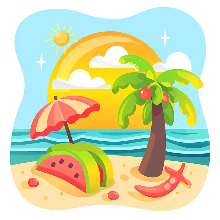 Cartoon Beach Scene with Sun and Palm Tree