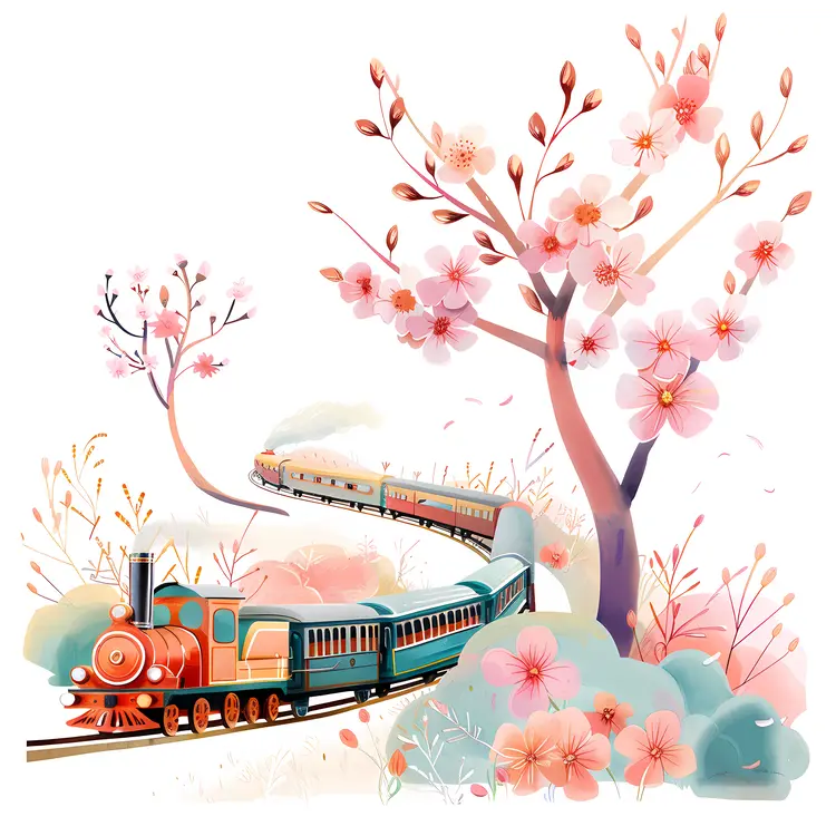 Scenic Train with Cherry Blossoms