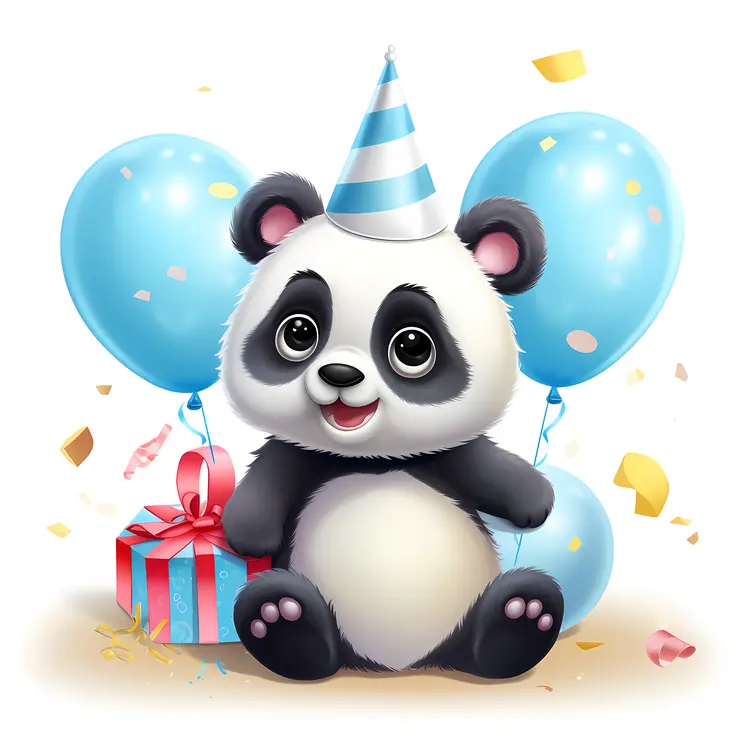 Panda with Blue Balloons and Birthday Hat