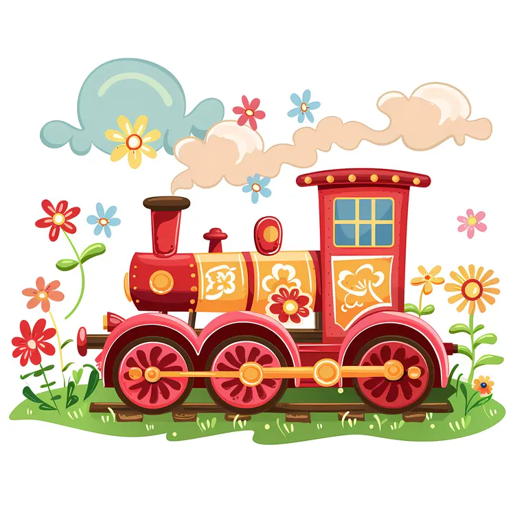 Red Cartoon Train with Flowers