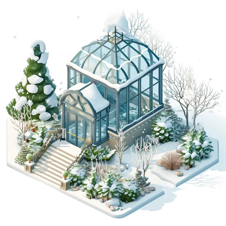 Snowy Greenhouse with Winter Plants