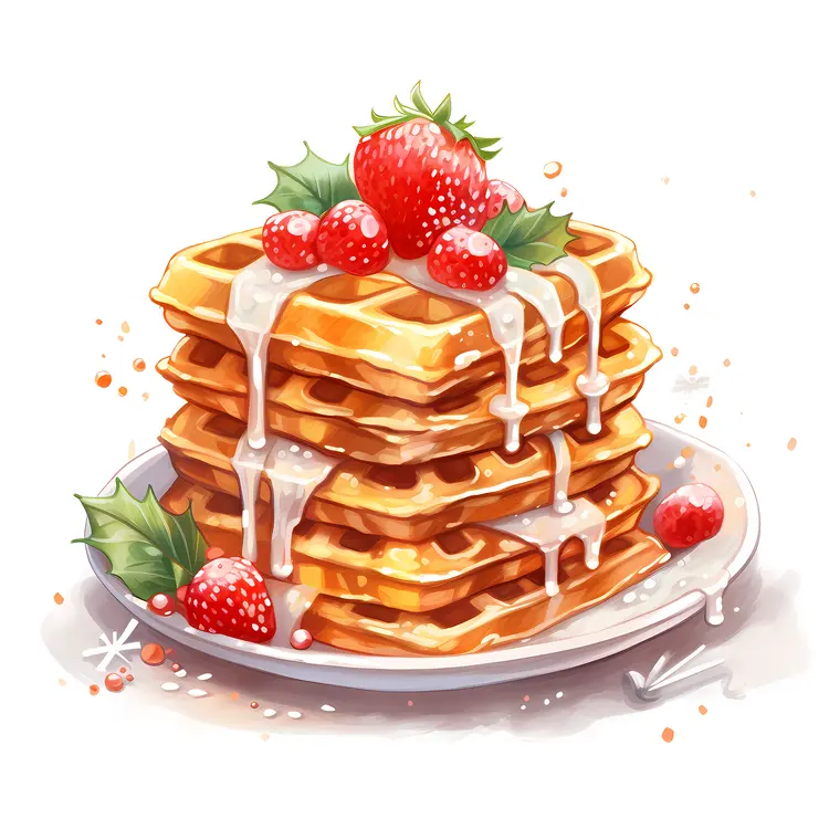 Christmas Waffles with Strawberries and Icing