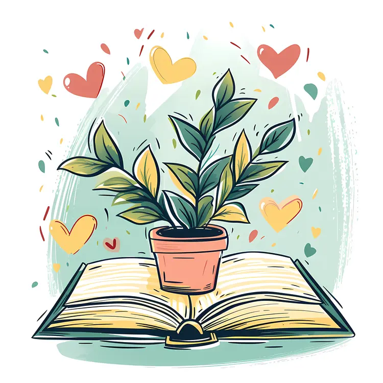 Plant in Pot on Open Book with Hearts