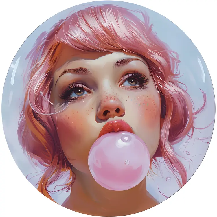 Pink-haired girl blowing bubblegum