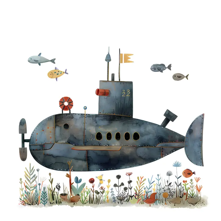Cartoon Submarine with Fish