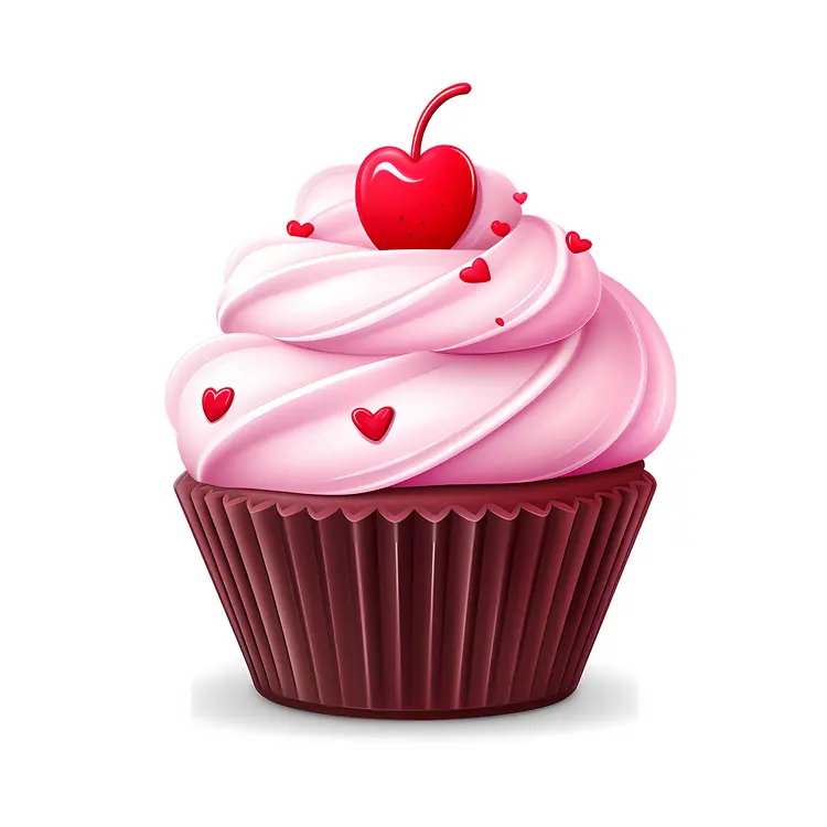 Pink Cupcake with Cherry and Hearts