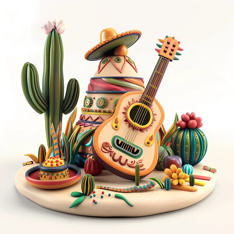 Guitar and Cacti with Mexican Hat