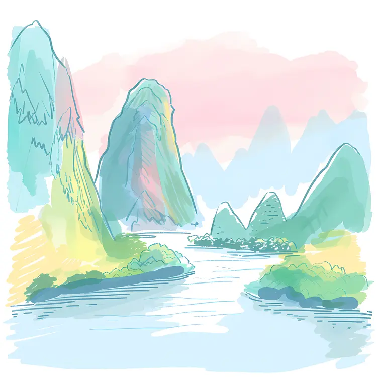 Pastel Mountain Landscape with River and Trees