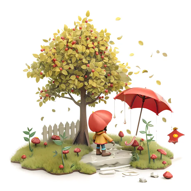 Child with Red Umbrella Under a Tree